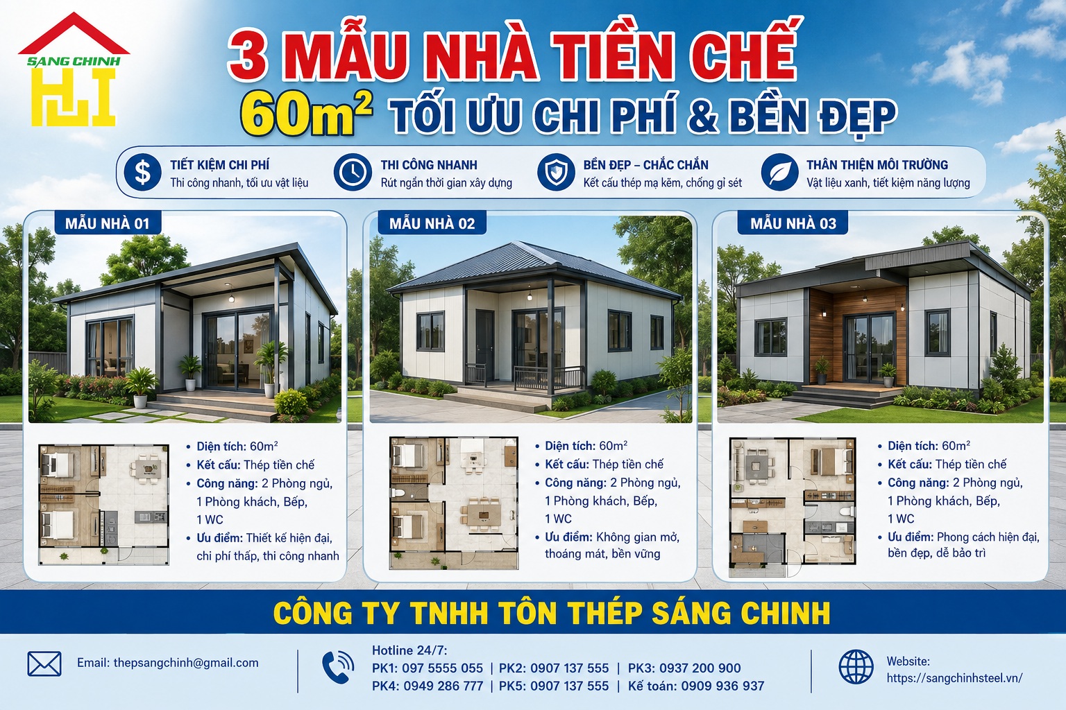 3 Mẫu Nhà Tiền Chế 60m2 Tối Ưu Chi Phí & Bền Đẹp