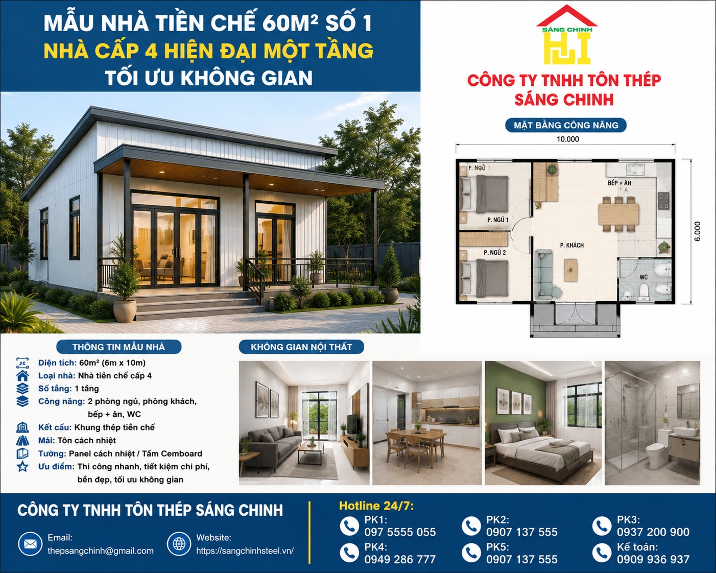 3 Mẫu Nhà Tiền Chế 60m2 Tối Ưu Chi Phí & Bền Đẹp