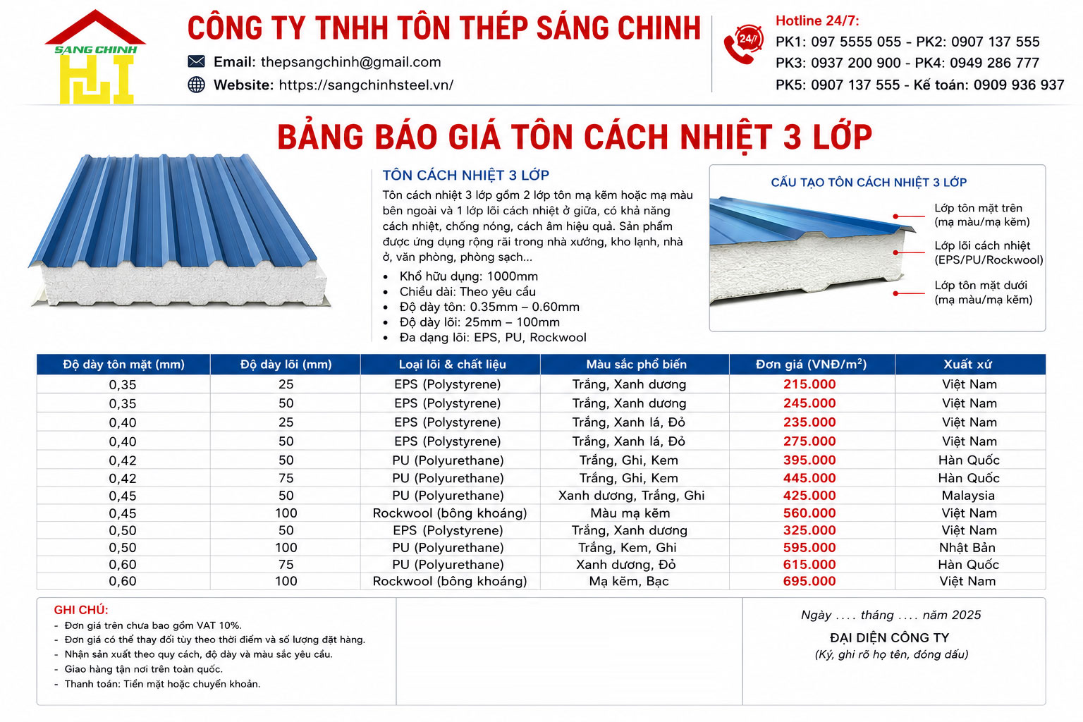 Bảng Báo Giá Tôn Cách Nhiệt 3 Lớp