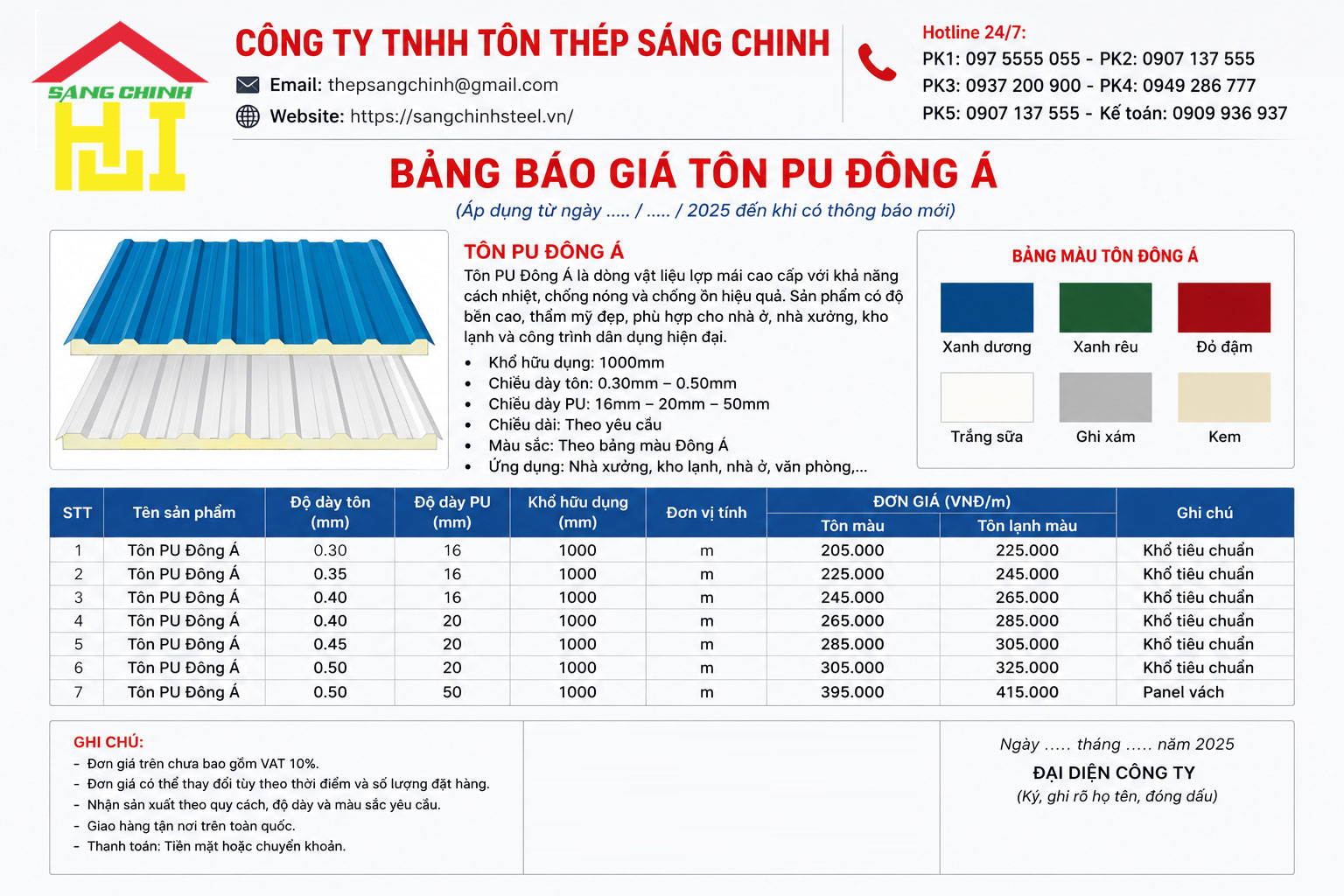 Bảng Báo Giá Tôn Pu Đông Á