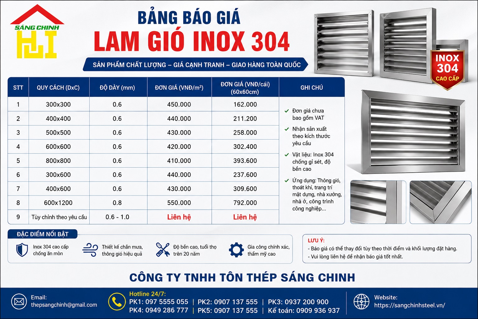 Bảng báo giá lam gió inox 304