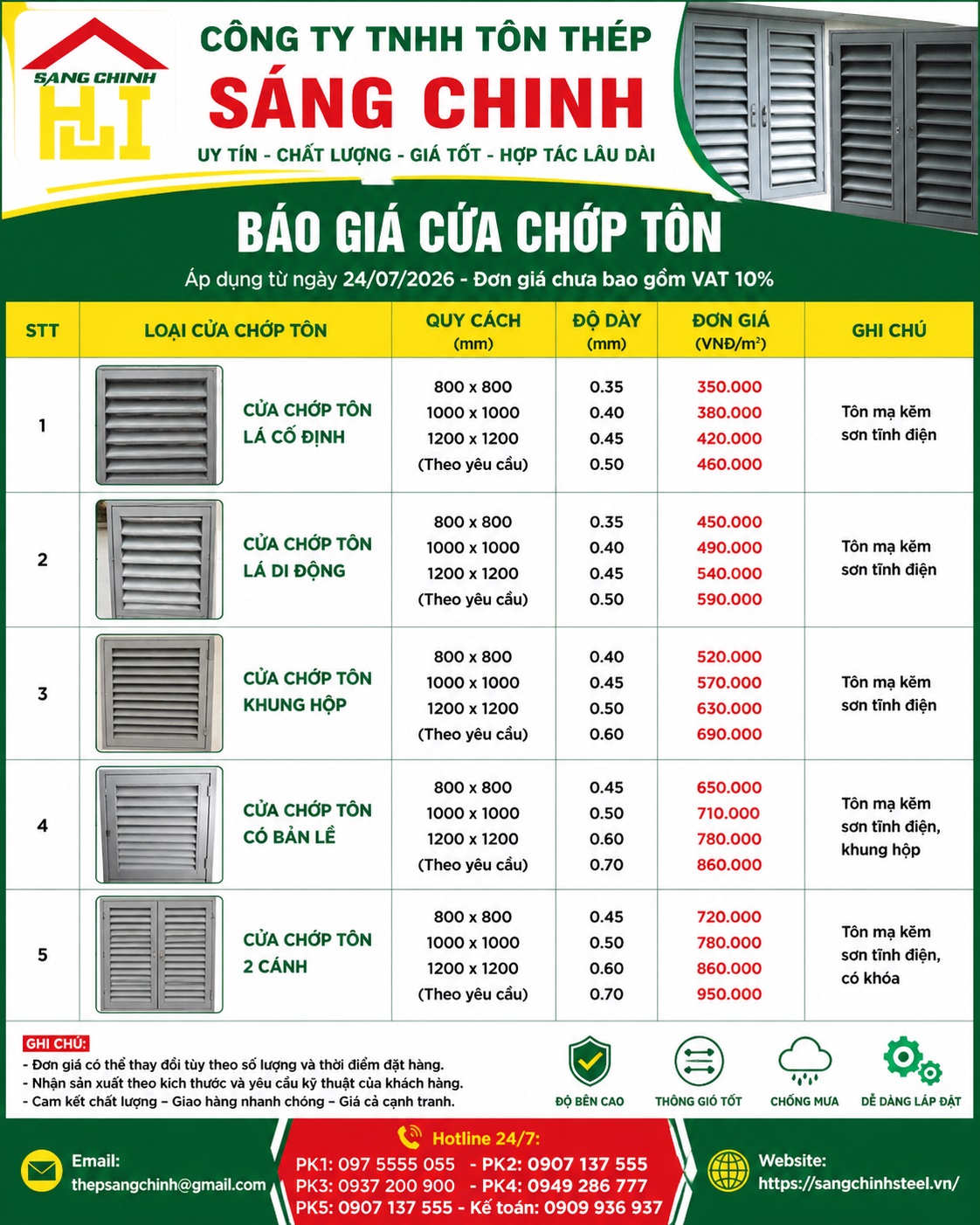 Báo giá Cửa Chớp Tôn