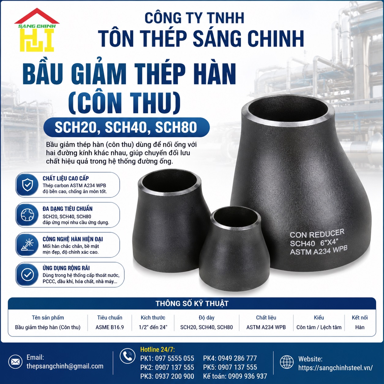 Bầu giảm thép hàn (Côn thu) SCH20, SCH40, SCH80