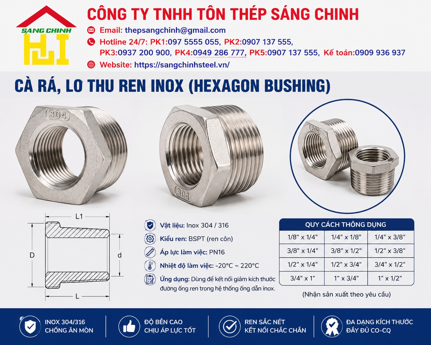 Cà rá, lơ thu ren inox (Hexagon Bushing)