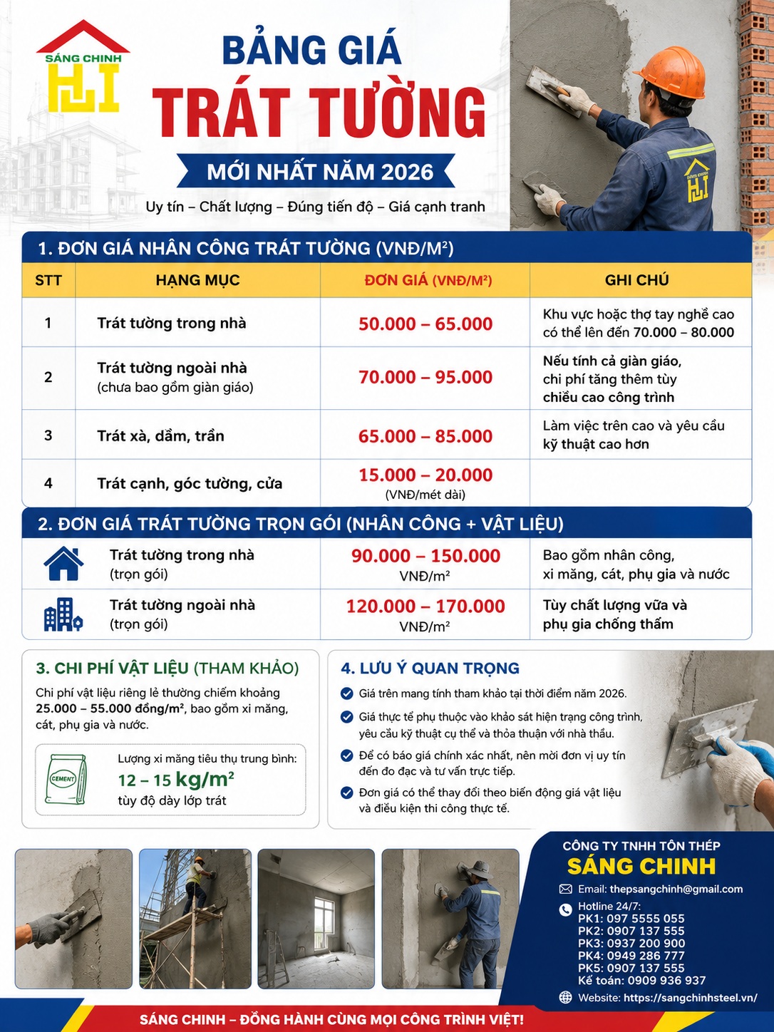 Chi phí trát tường bao nhiêu tiền 1m2