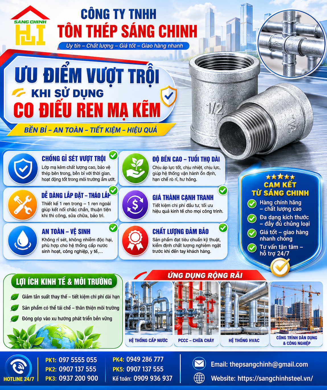 Co Điếu Ren Mạ Kẽm (1 ren trong 1 ren ngoài)