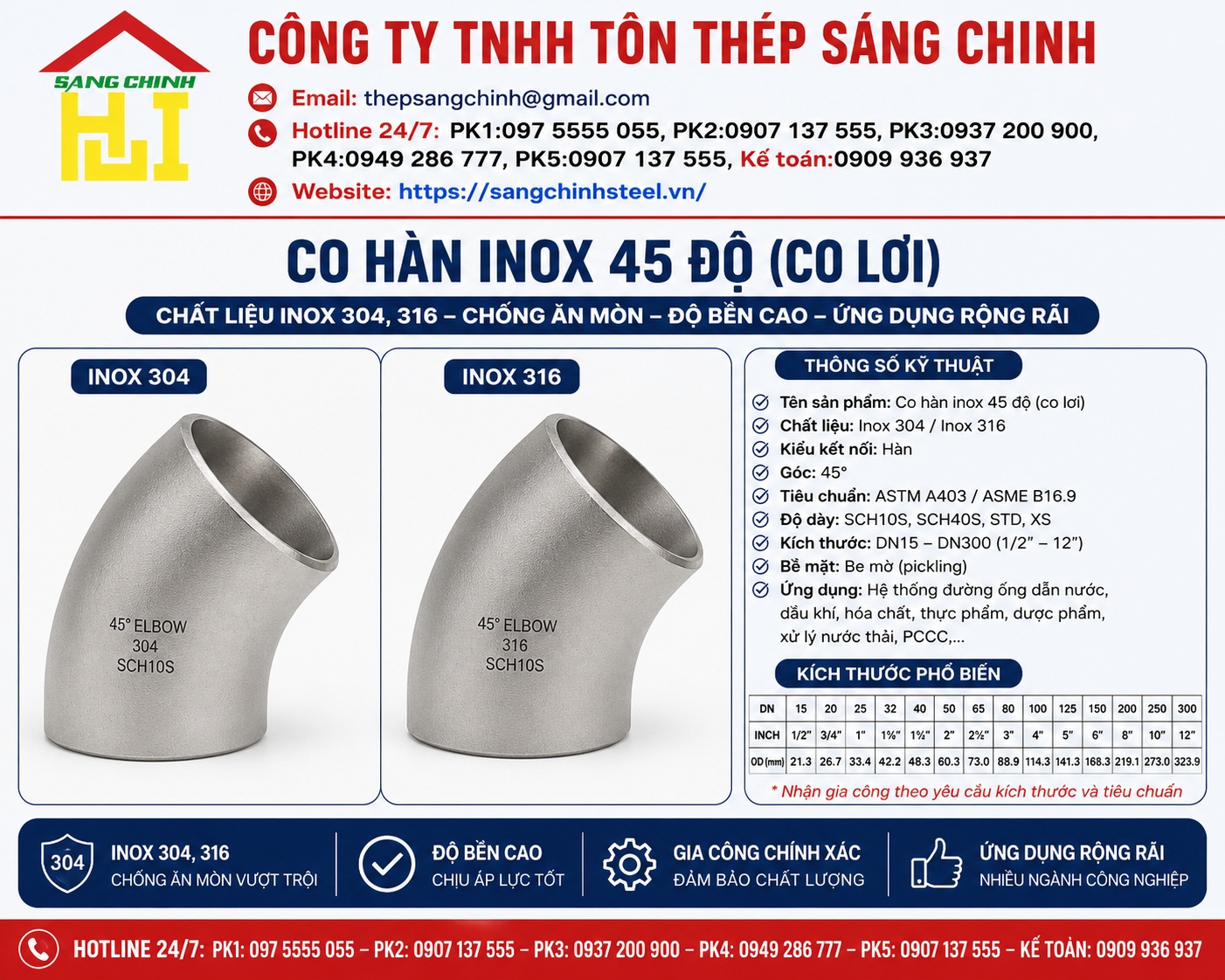 Co hàn inox 45 độ 304, 316 (co lơi)