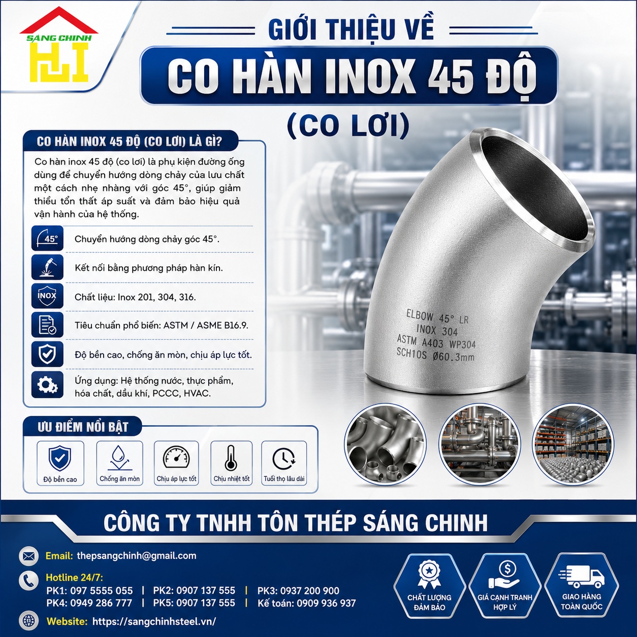 Co hàn inox 45 độ 304, 316 (co lơi)