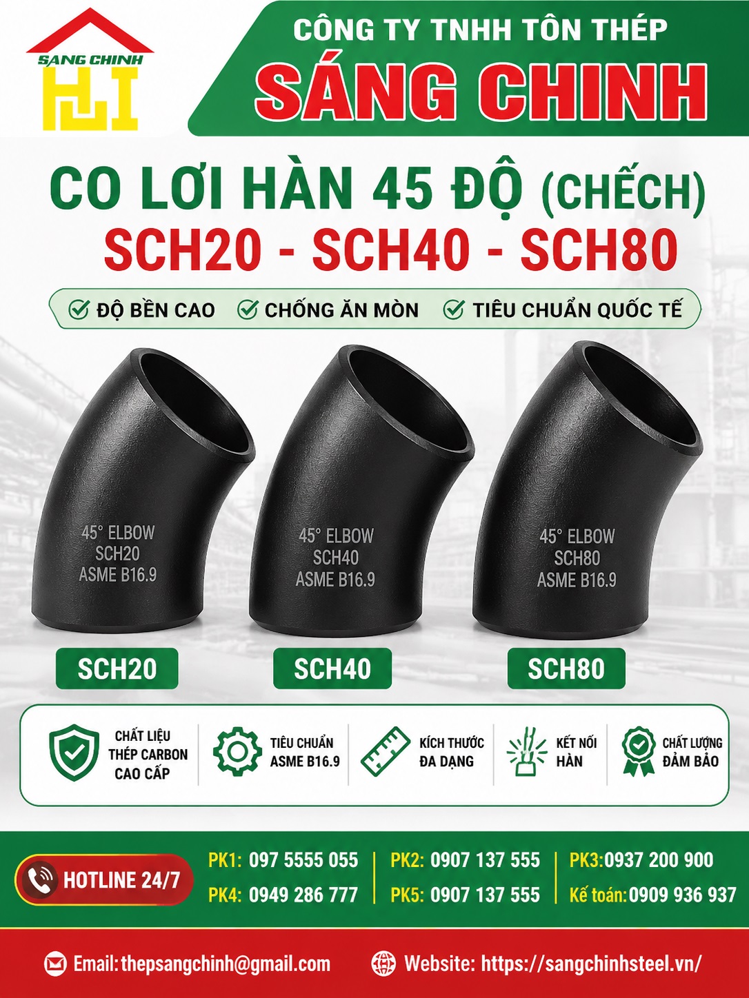 Co lơi hàn 45 độ (chếch) SCH20 SCH40 SCH80