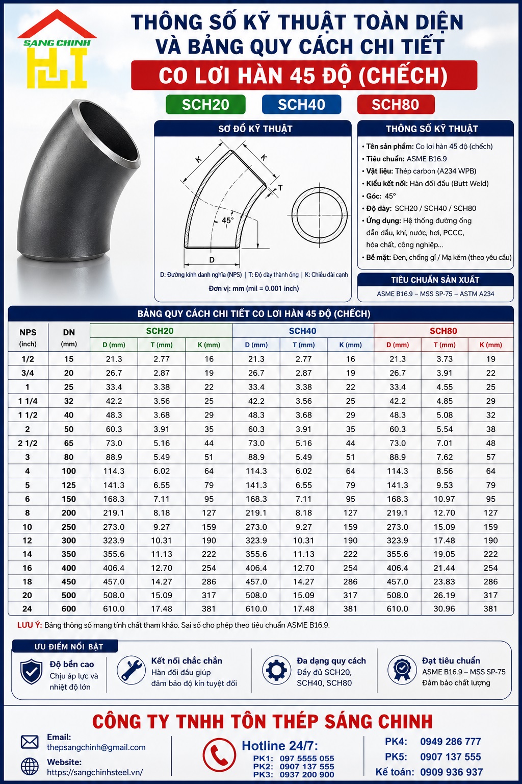 Co lơi hàn 45 độ (chếch) SCH20 SCH40 SCH80