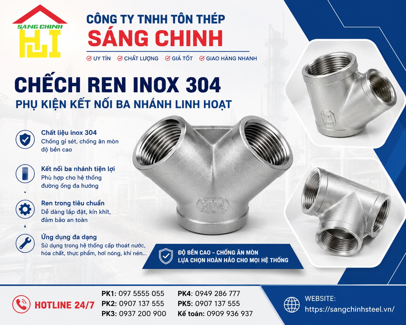 Co lơi ren inox, chếch ren inox 304