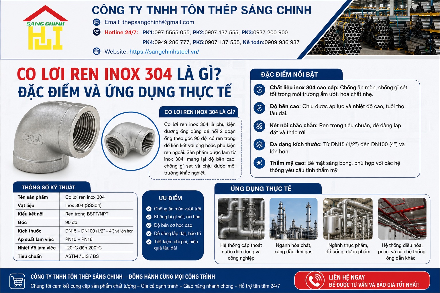 Co lơi ren inox, chếch ren inox 304