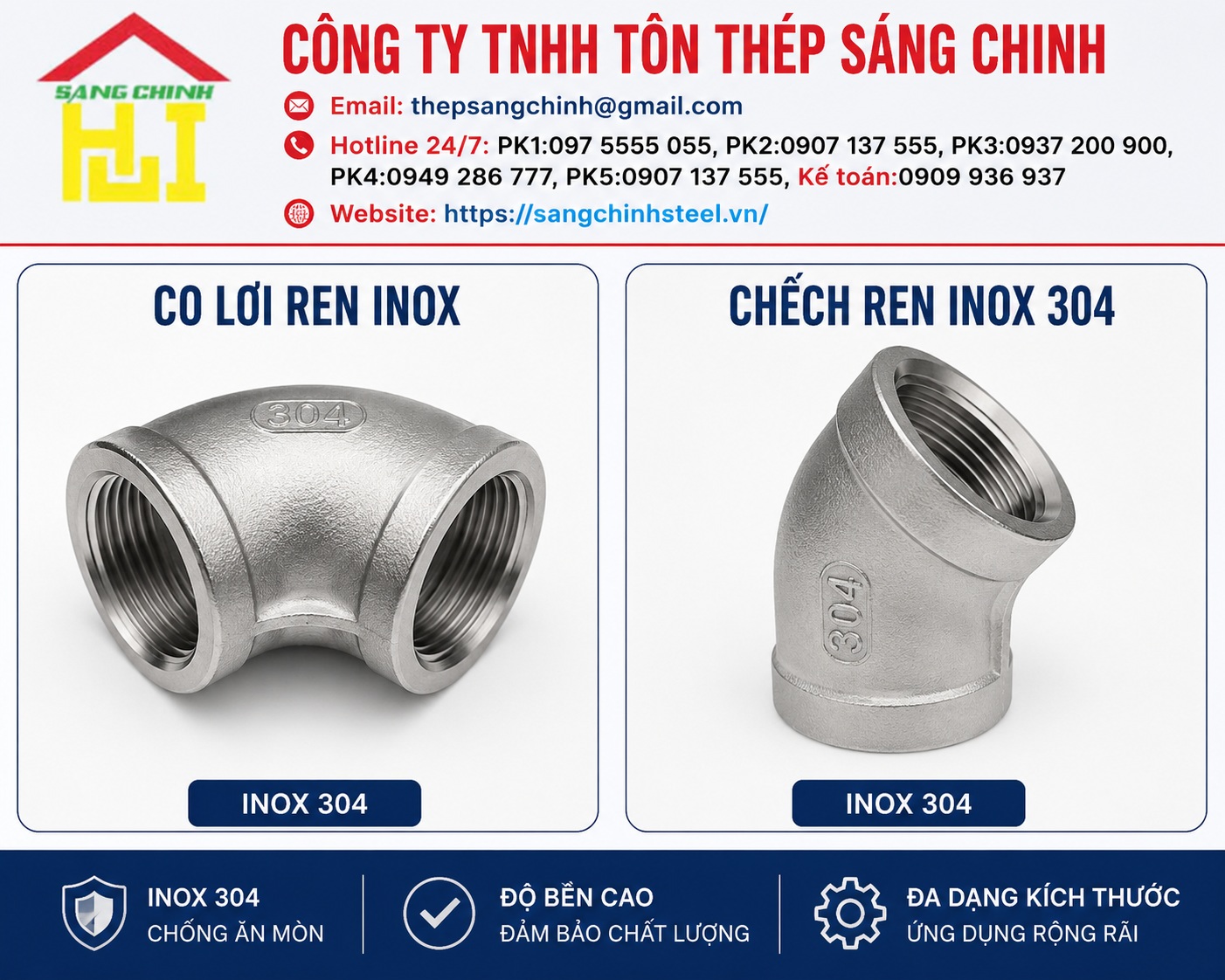 Co lơi ren inox, chếch ren inox 304