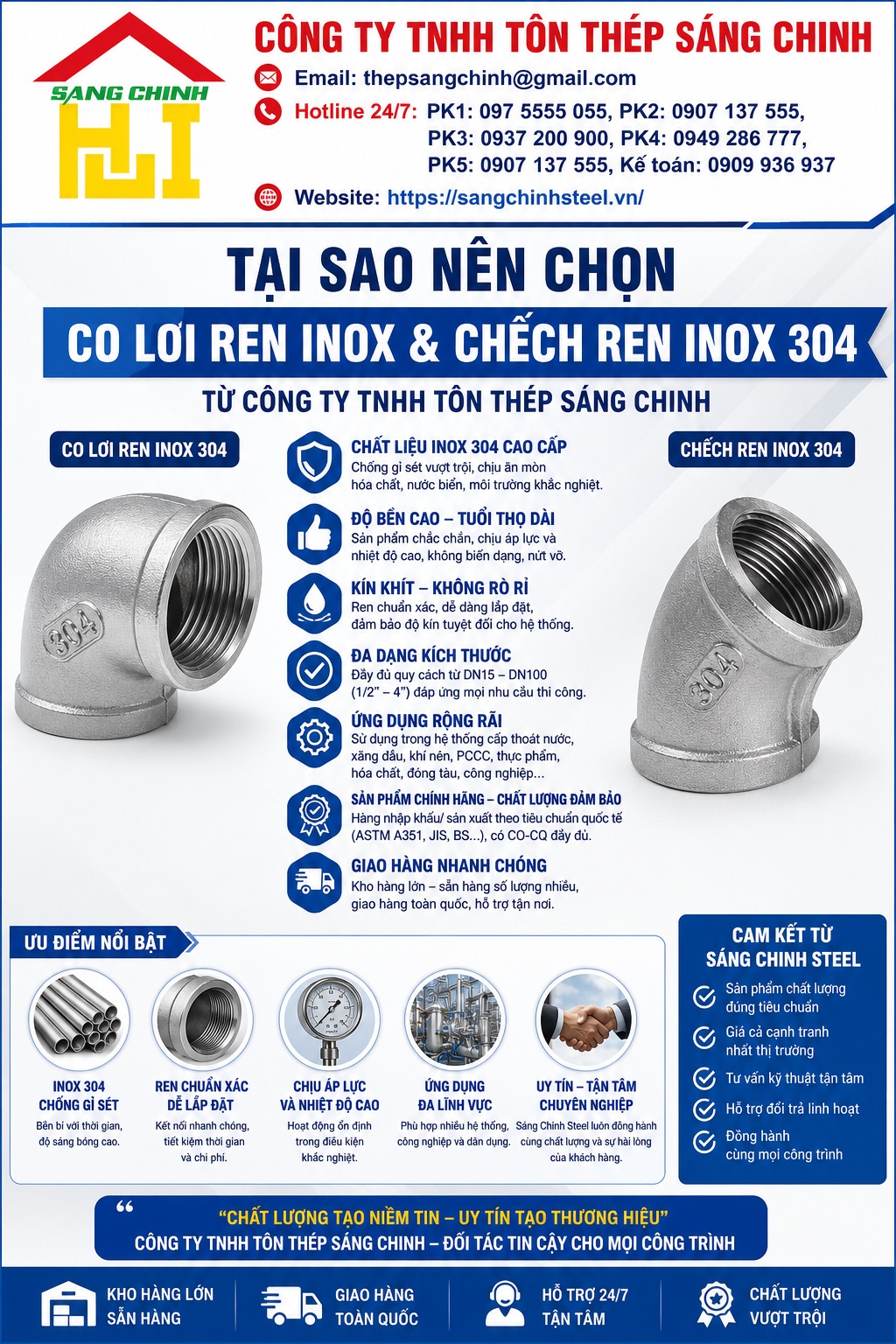 Co lơi ren inox, chếch ren inox 304
