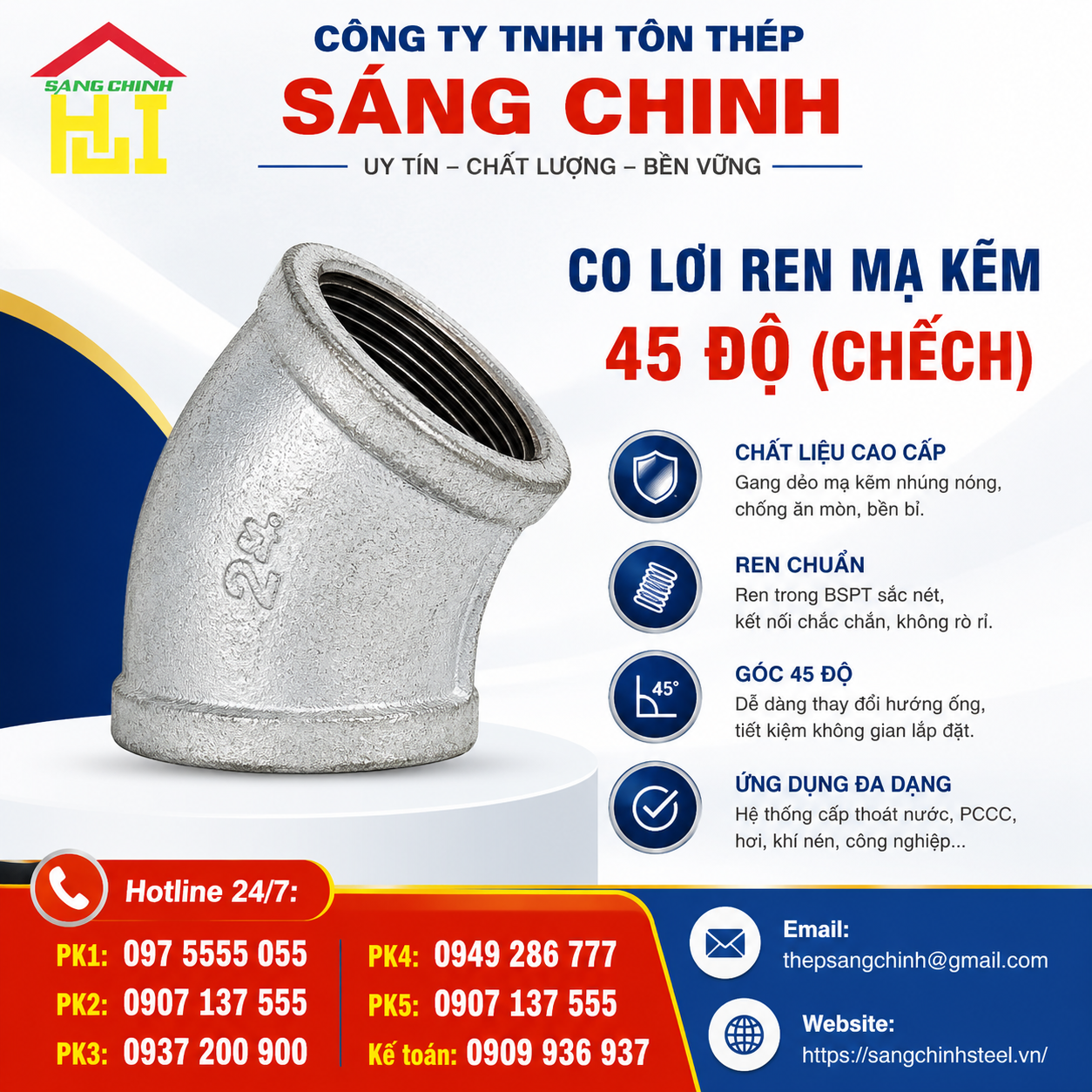 Co Lơi Ren Mạ Kẽm 45 Độ (Chếch)
