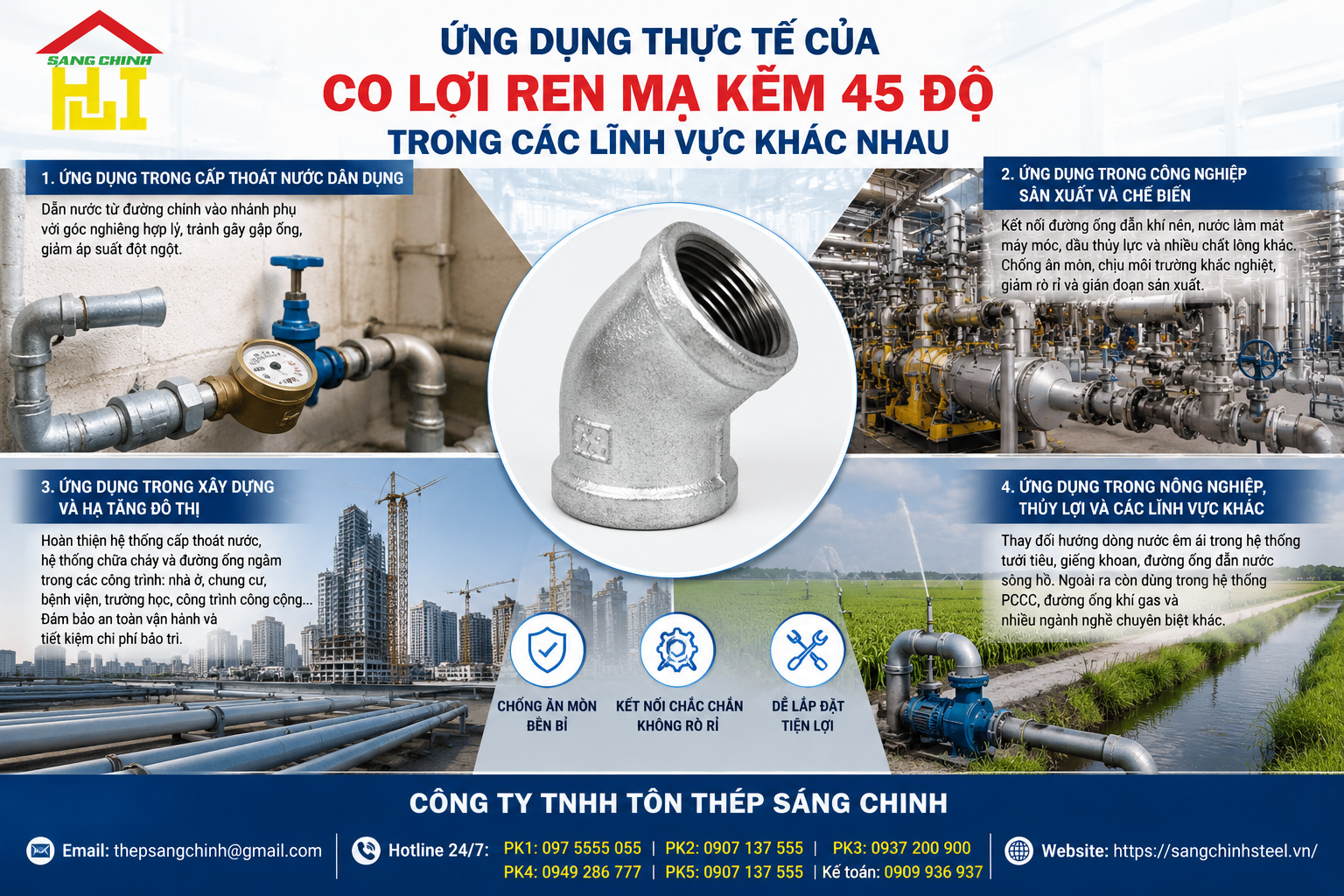 Co Lơi Ren Mạ Kẽm 45 Độ (Chếch)