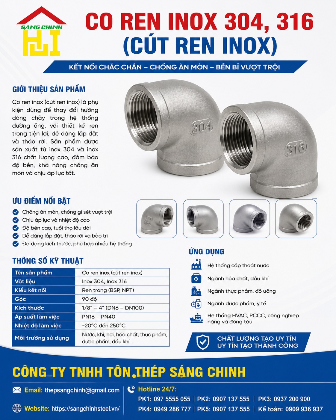 Co ren inox 304, 316 (cút ren inox)