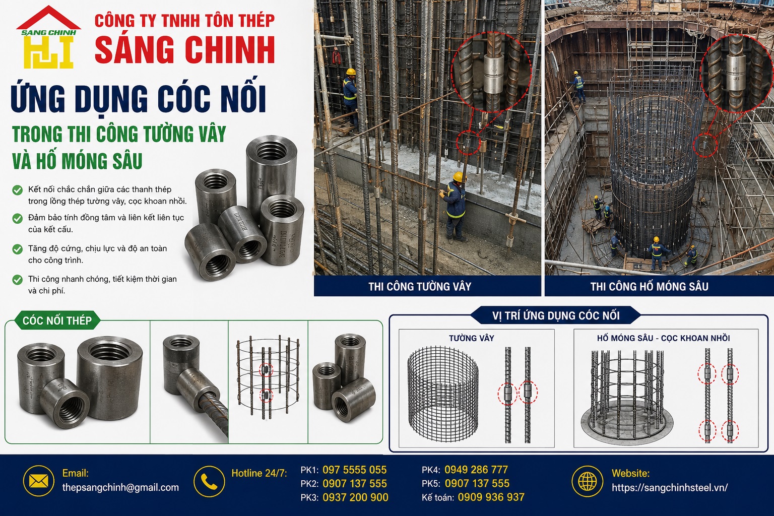 Cóc nối lồng thép cọc khoan nhồi và tường vây