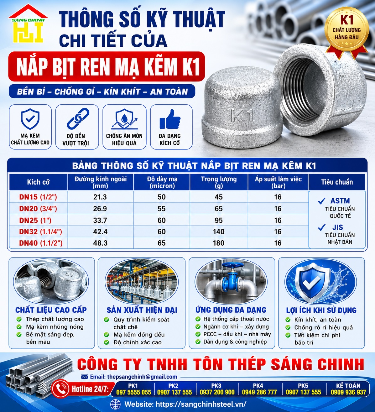 Nắp bịt ren mạ kẽm giá rẻ K1