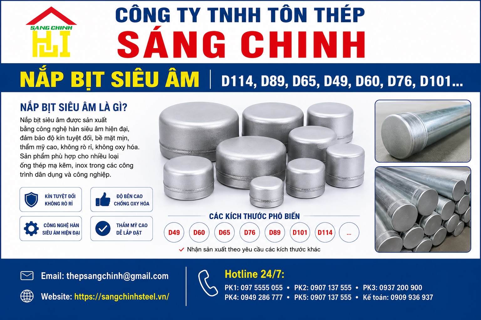 Nắp bịt siêu âm D114, D89, D65, D49, D60, D76, D101…
