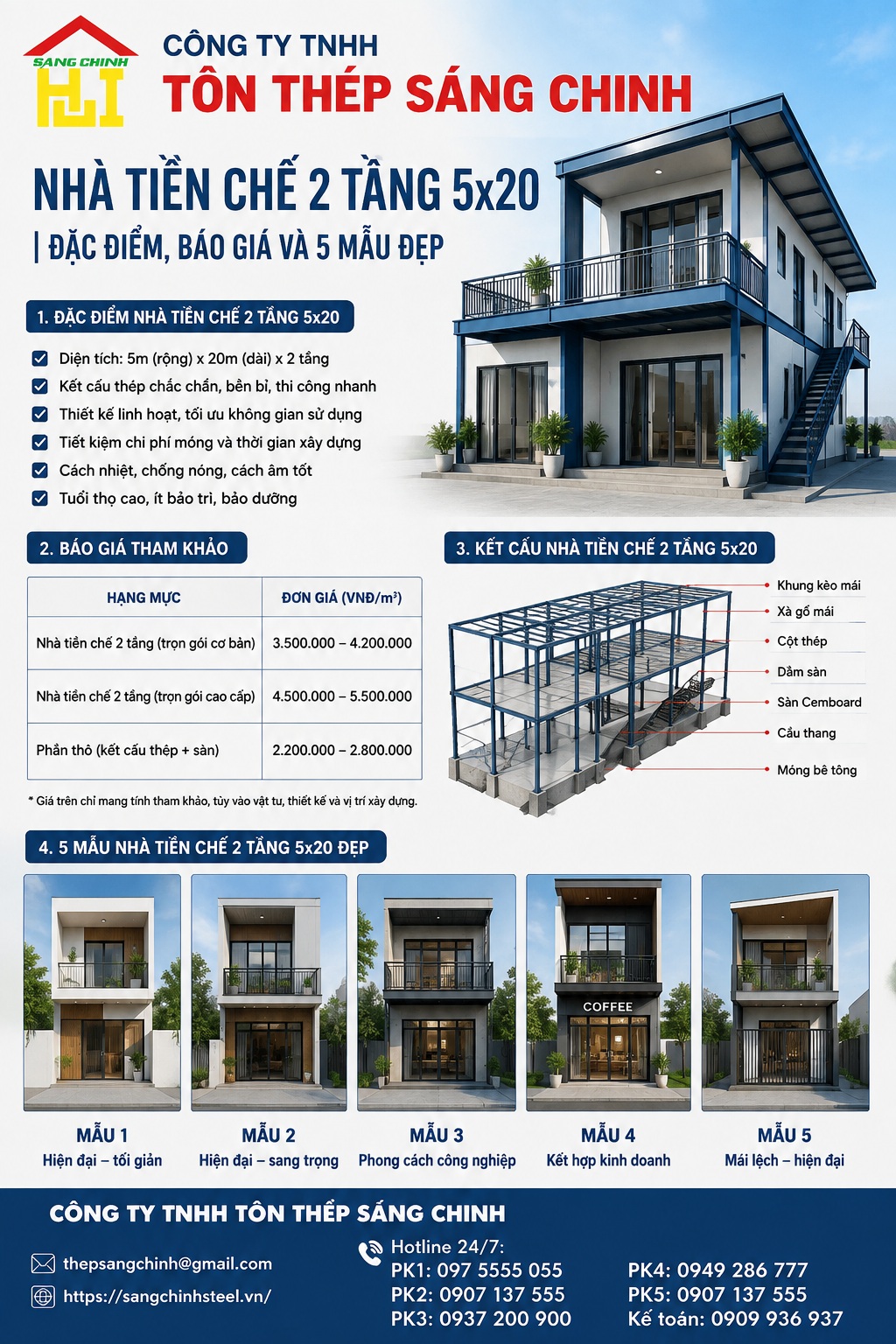 Nhà tiền chế 2 tầng 5×20 | Đặc điểm, báo giá và 5 mẫu đẹp