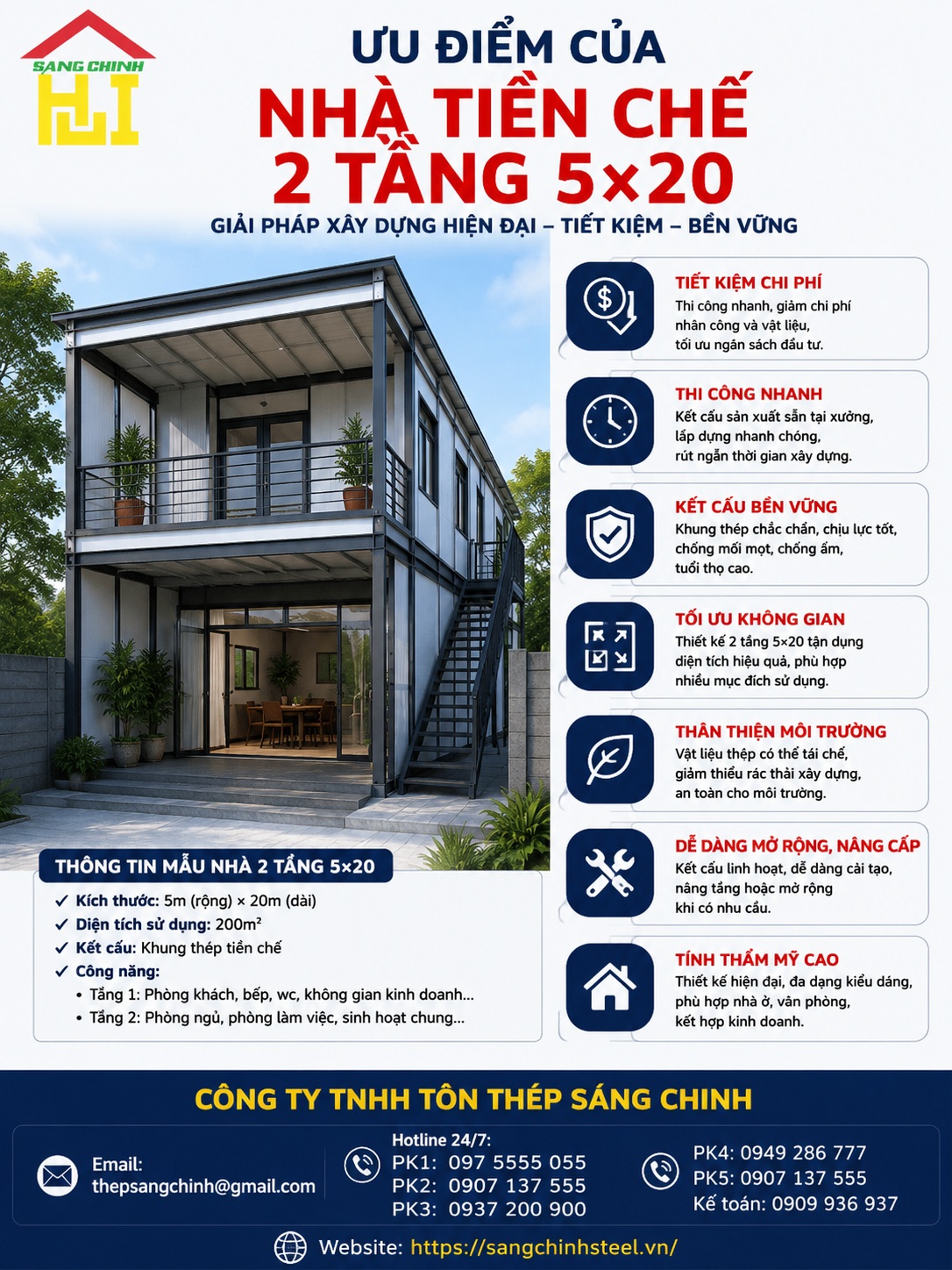 Nhà tiền chế 2 tầng 5×20 | Đặc điểm, báo giá và 5 mẫu đẹp