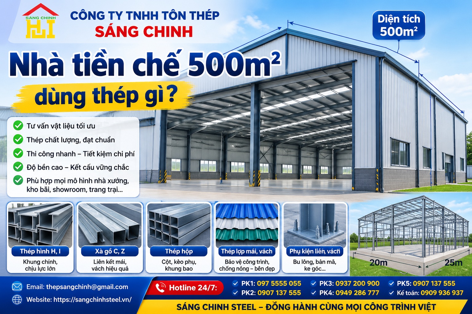Nhà tiền chế 500m² dùng thép gì?