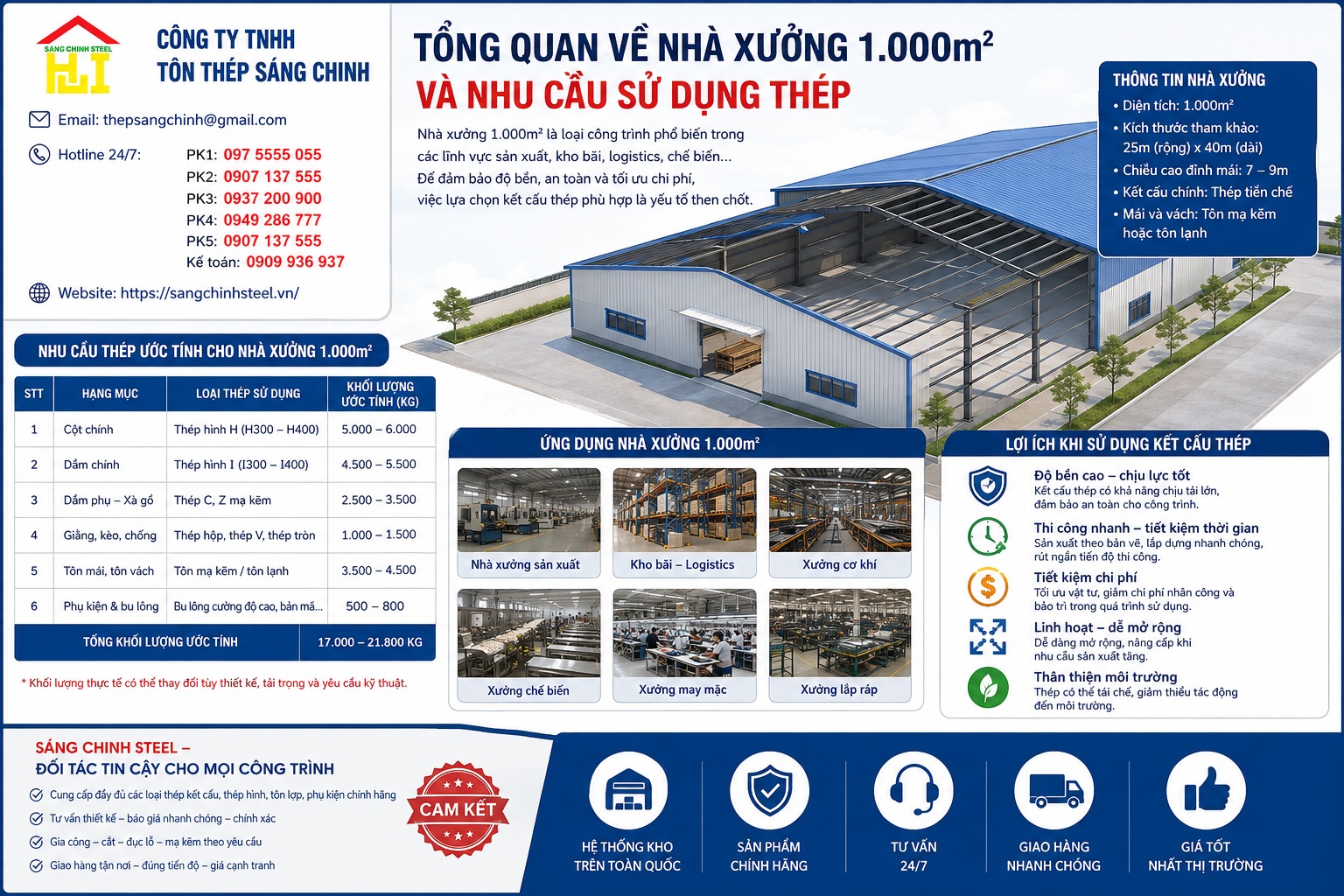 Nhà xưởng 1.000m² cần bao nhiêu thép?