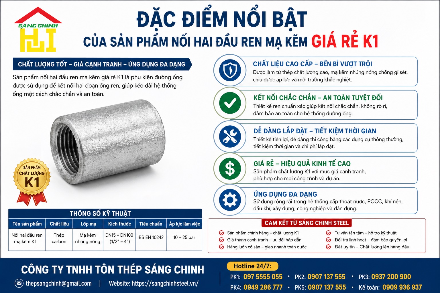 Nối hai đầu ren mạ kẽm giá rẻ K1