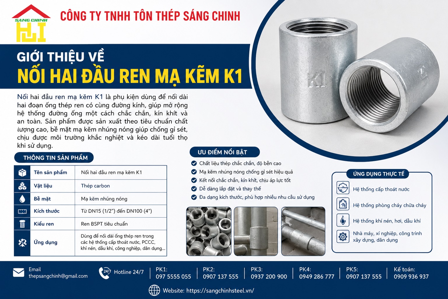 Nối hai đầu ren mạ kẽm giá rẻ K1