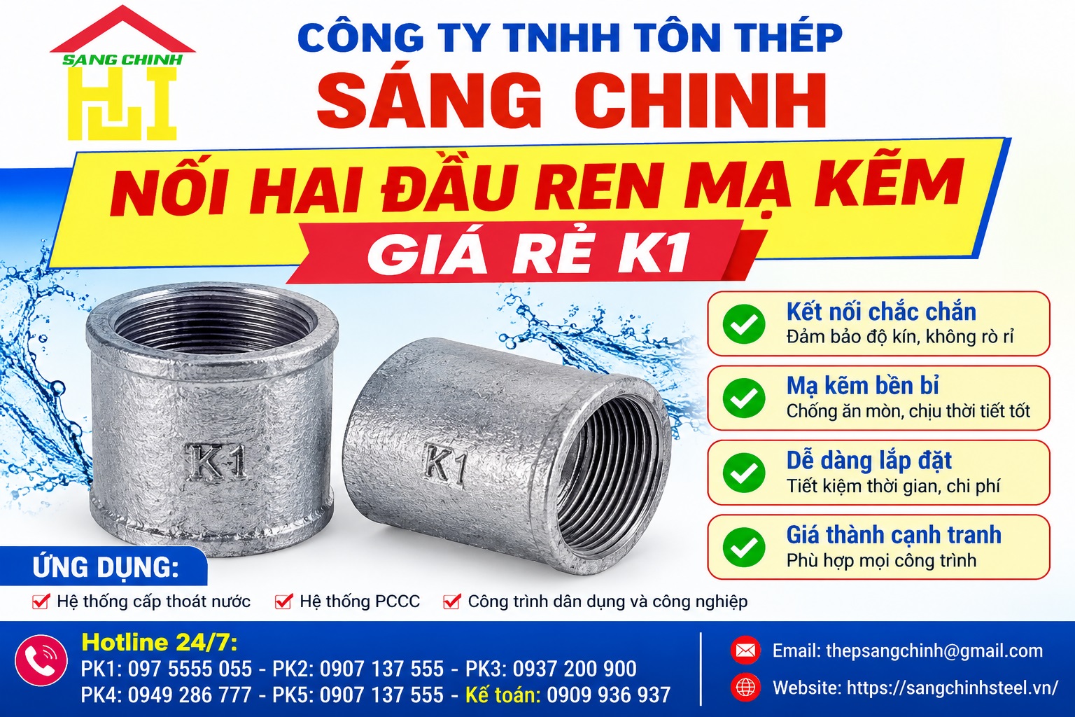 Nối hai đầu ren mạ kẽm giá rẻ K1