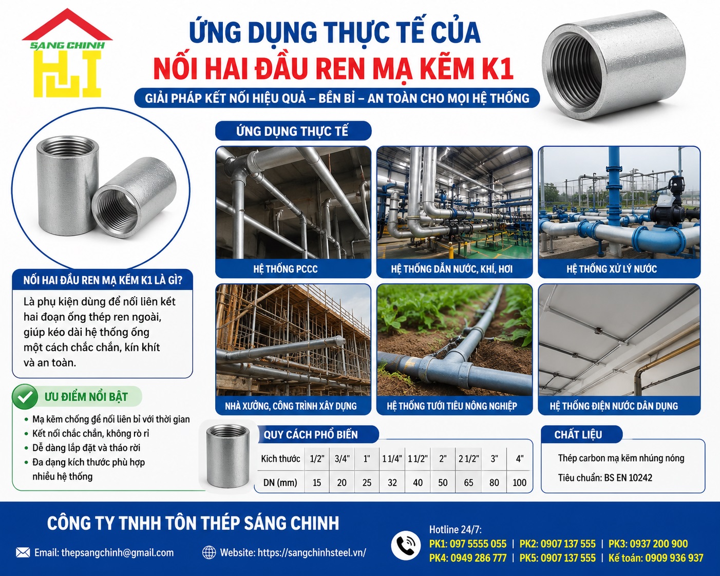 Nối hai đầu ren mạ kẽm giá rẻ K1