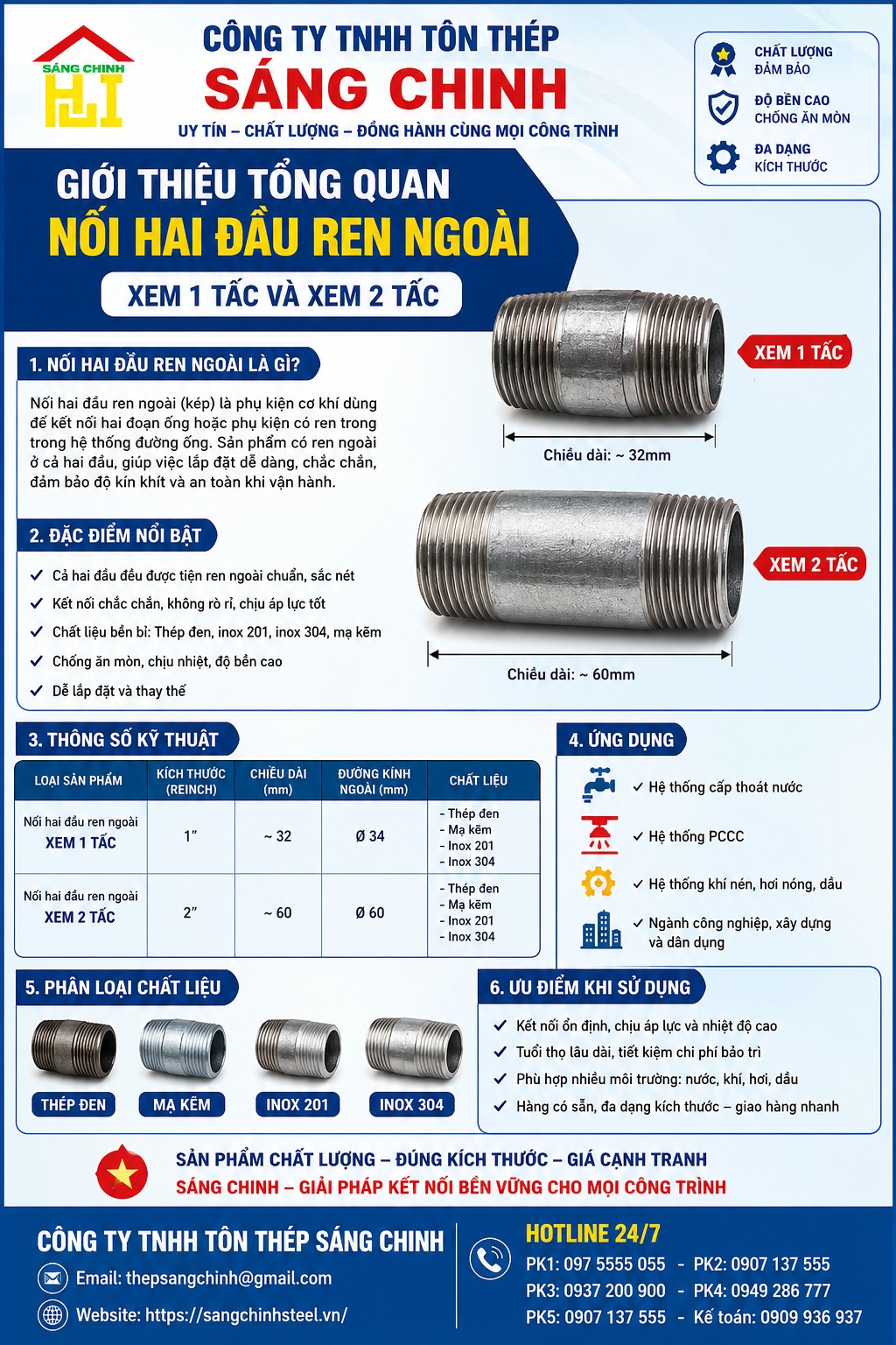 Nối hai đầu ren ngoài, xem 1 tấc, xem 2 tấc