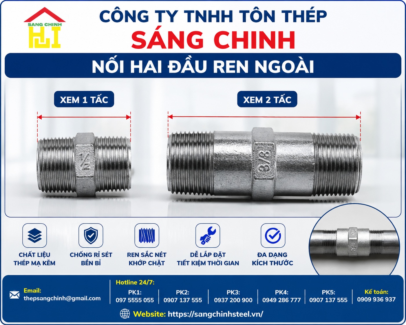 Nối hai đầu ren ngoài, xem 1 tấc, xem 2 tấc