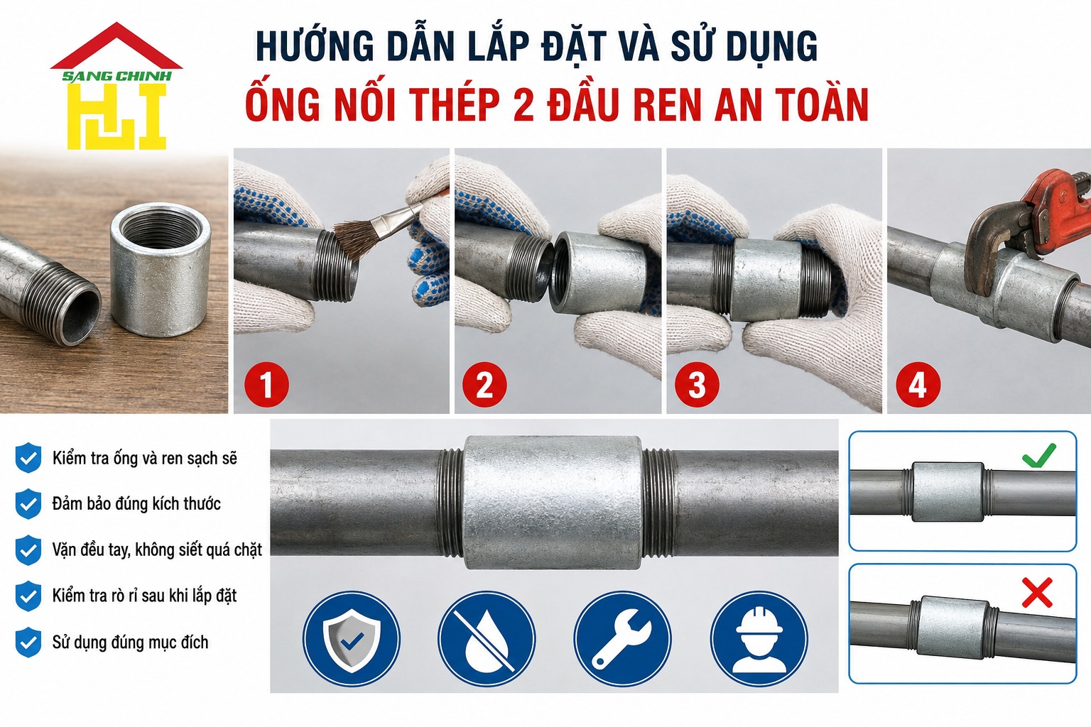 Ống nối thép 2 đầu ren (XEM) 1 tấc 2 tấc 3 tấc….