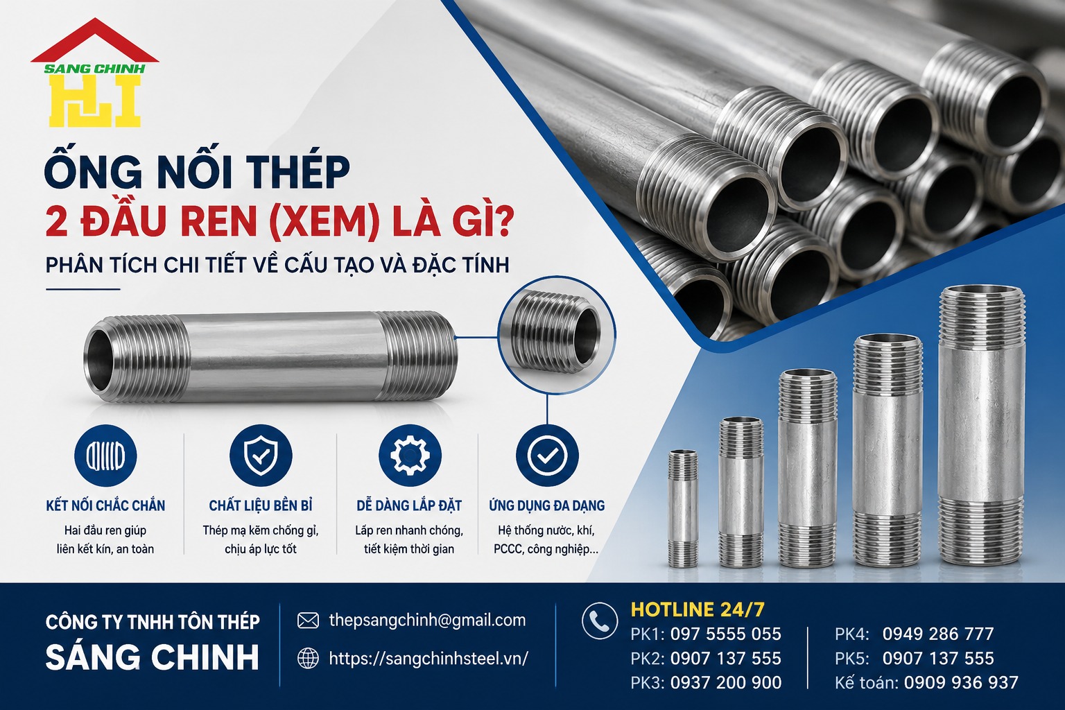Ống nối thép 2 đầu ren (XEM) 1 tấc 2 tấc 3 tấc….