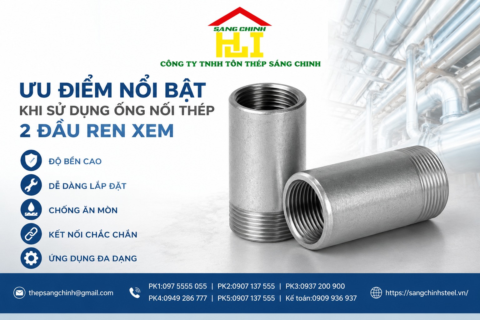 Ống nối thép 2 đầu ren (XEM) 1 tấc 2 tấc 3 tấc….