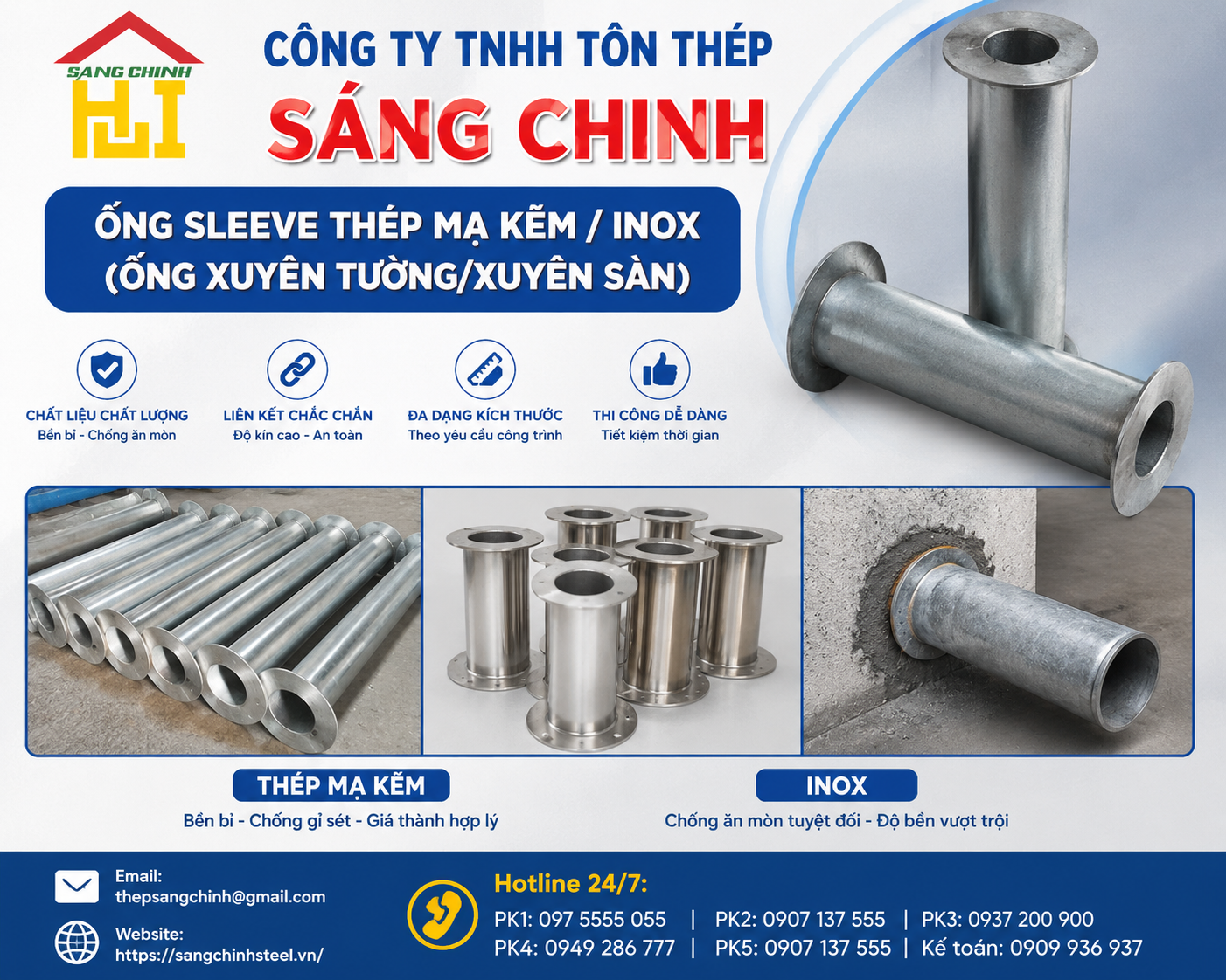 Ống Sleeve thép mạ kẽm / INOX (ống xuyên tường/xuyên sàn)