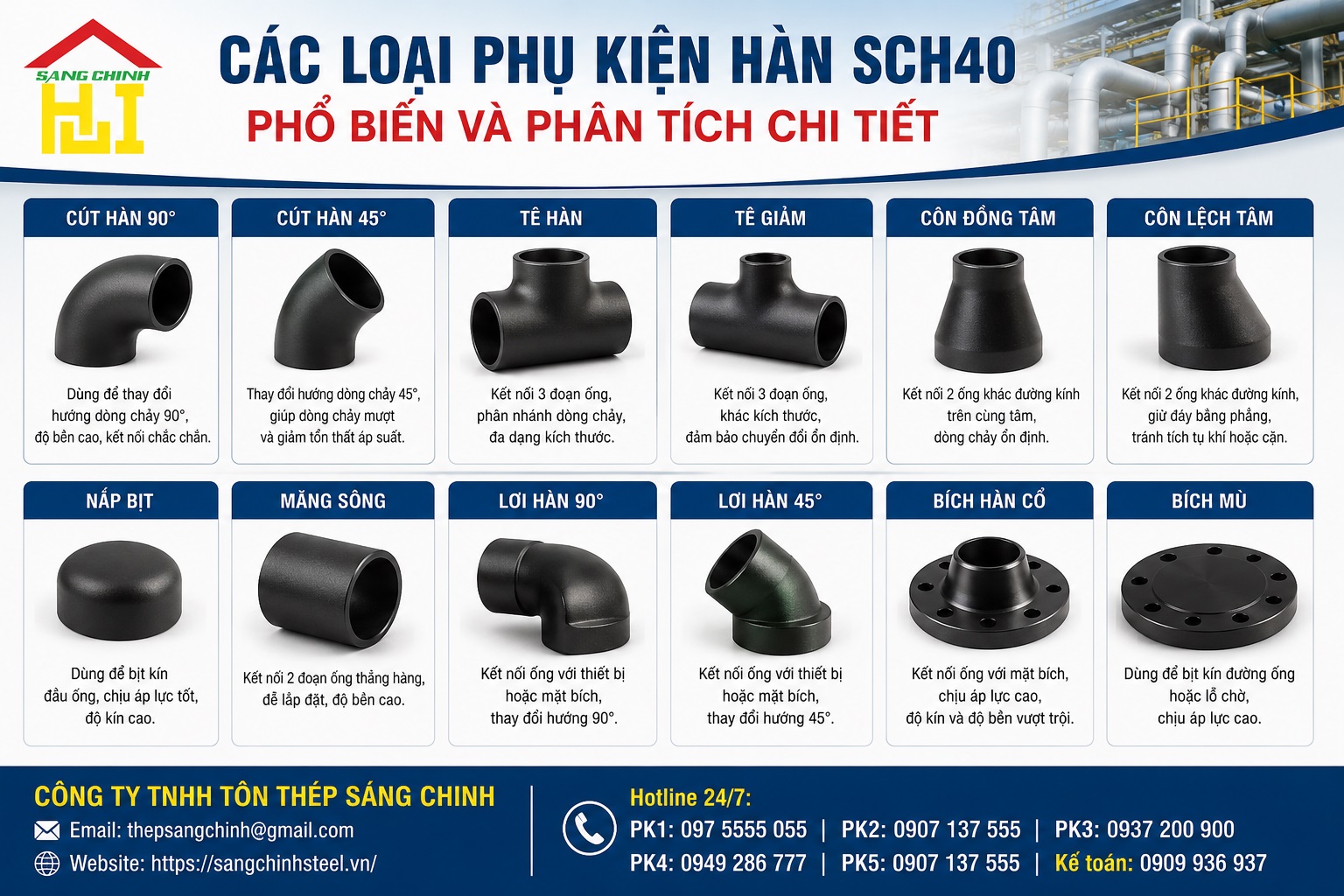 Phụ Kiện Hàn SCH40 (Co, tê, bầu, chén hàn, mặt bích….)