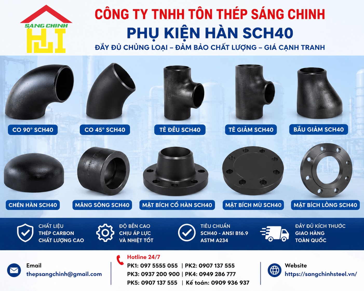 Phụ Kiện Hàn SCH40 (Co, tê, bầu, chén hàn, mặt bích….)