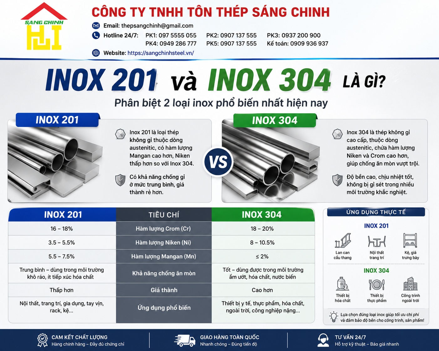 So sánh inox 201 và inox 304