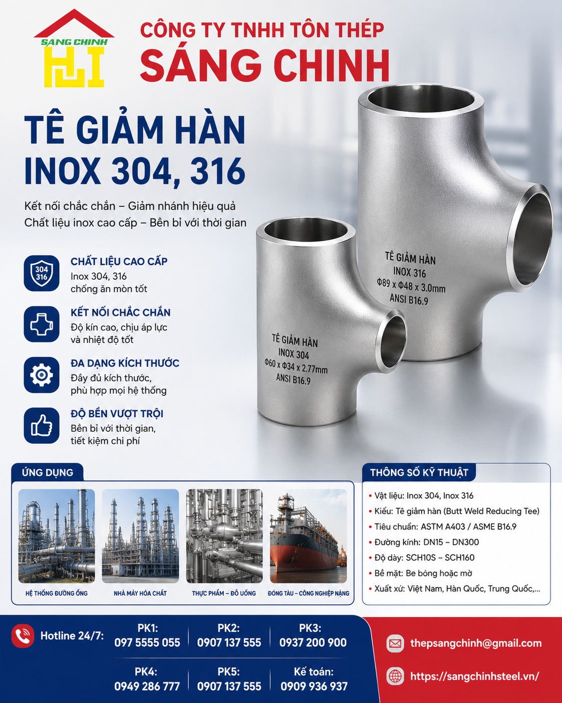 Tê giảm hàn inox 304, 316
