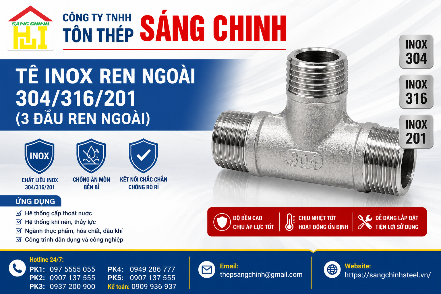 Tê INOX Ren Ngoài 304/316/201 (3 đầu ren ngoài)