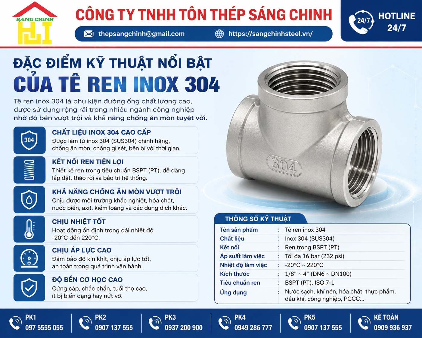 Tê ren inox 304