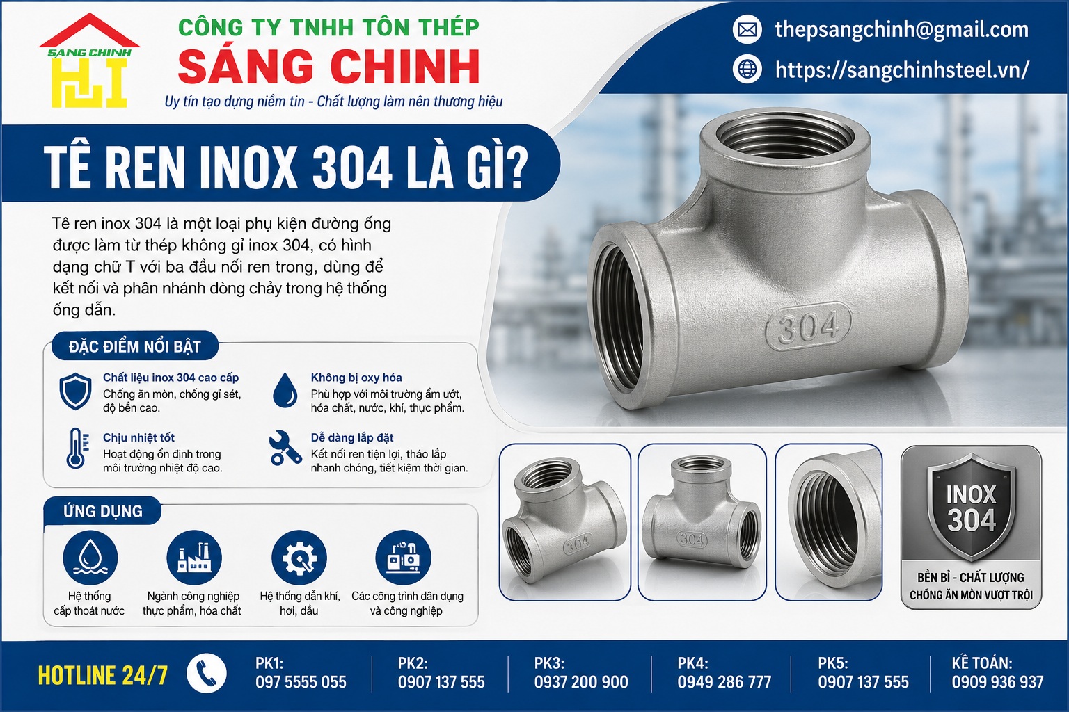 Tê ren inox 304