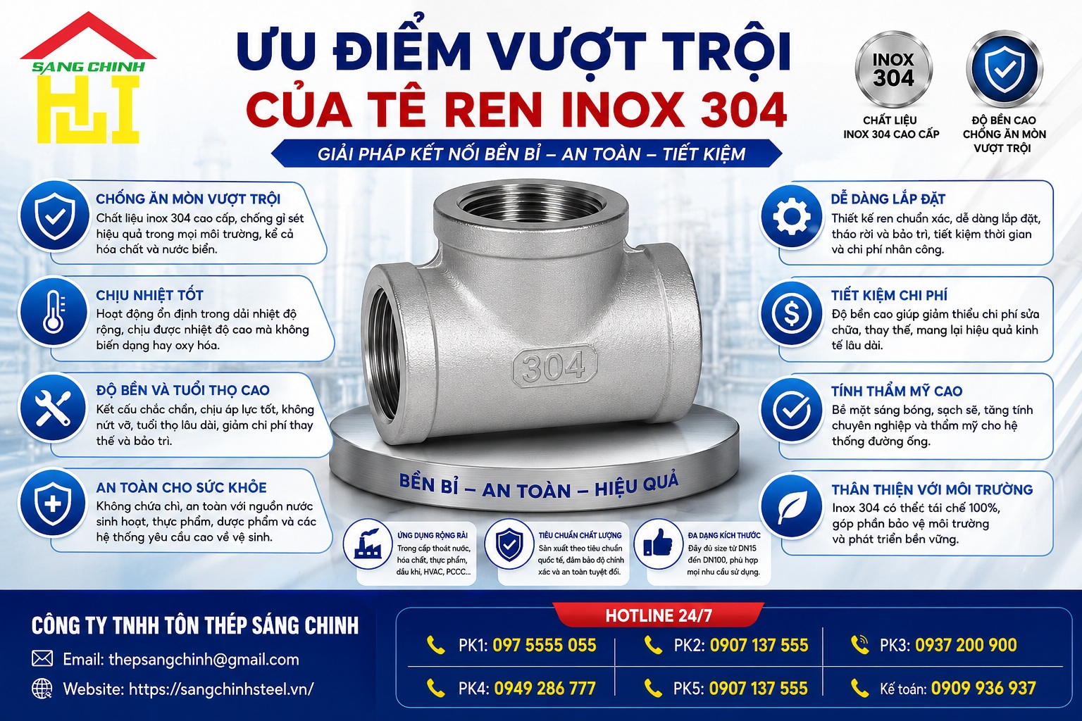 Tê ren inox 304