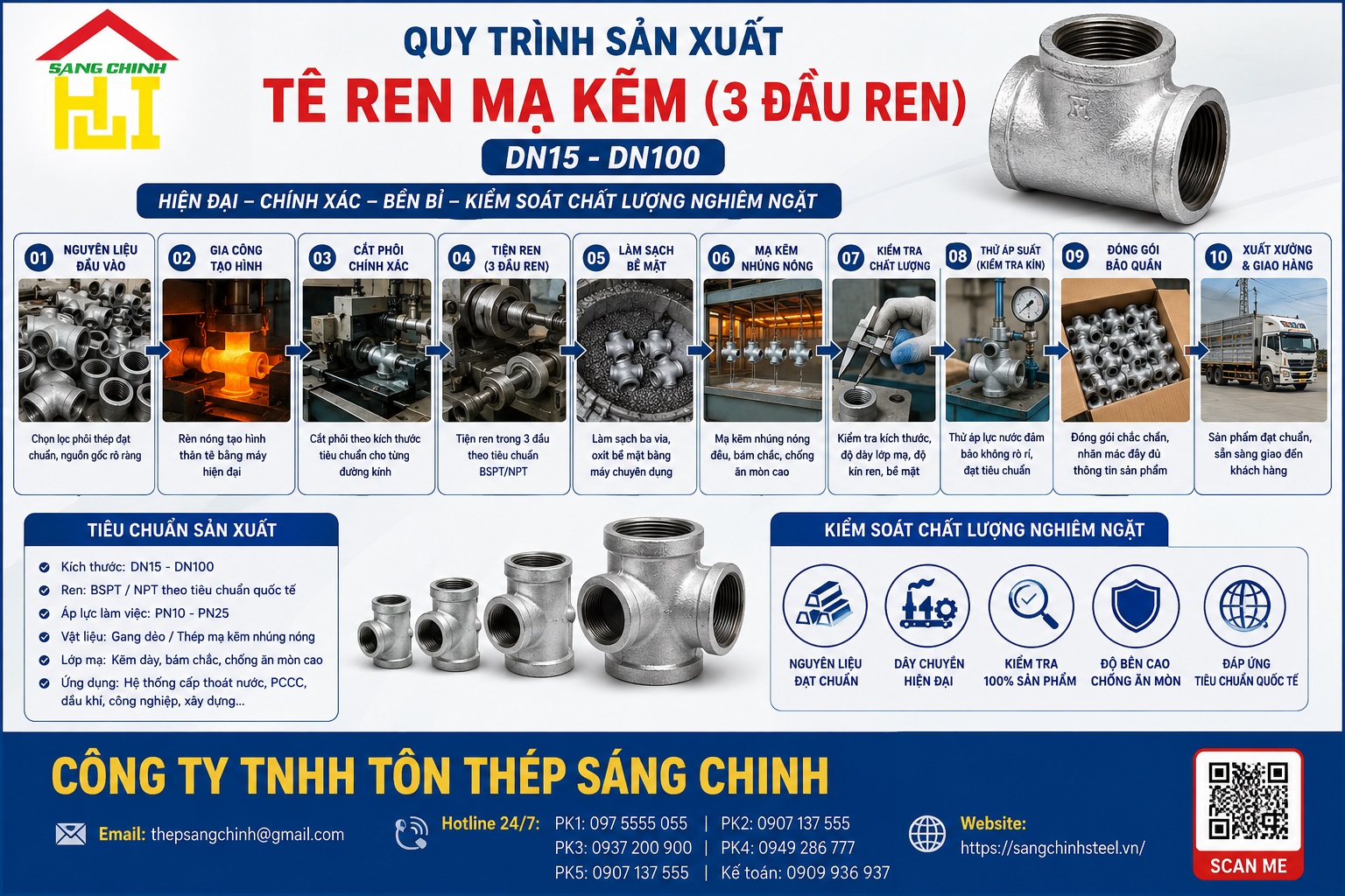 Tê Ren Mạ Kẽm (3 đầu ren DN15-DN100)