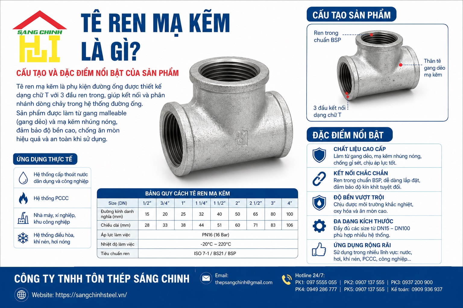Tê Ren Mạ Kẽm (3 đầu ren DN15-DN100)