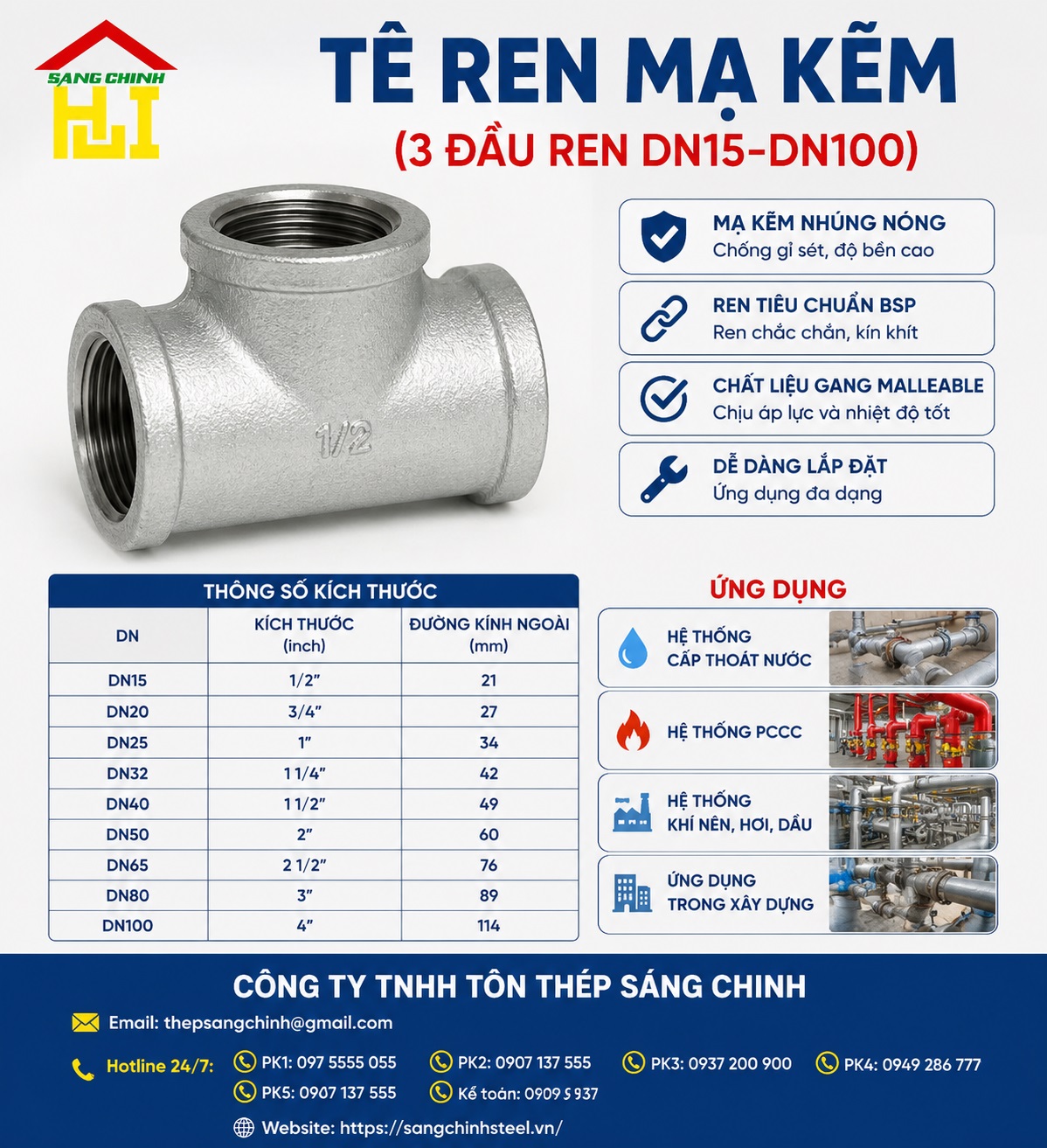Tê Ren Mạ Kẽm (3 đầu ren DN15-DN100)