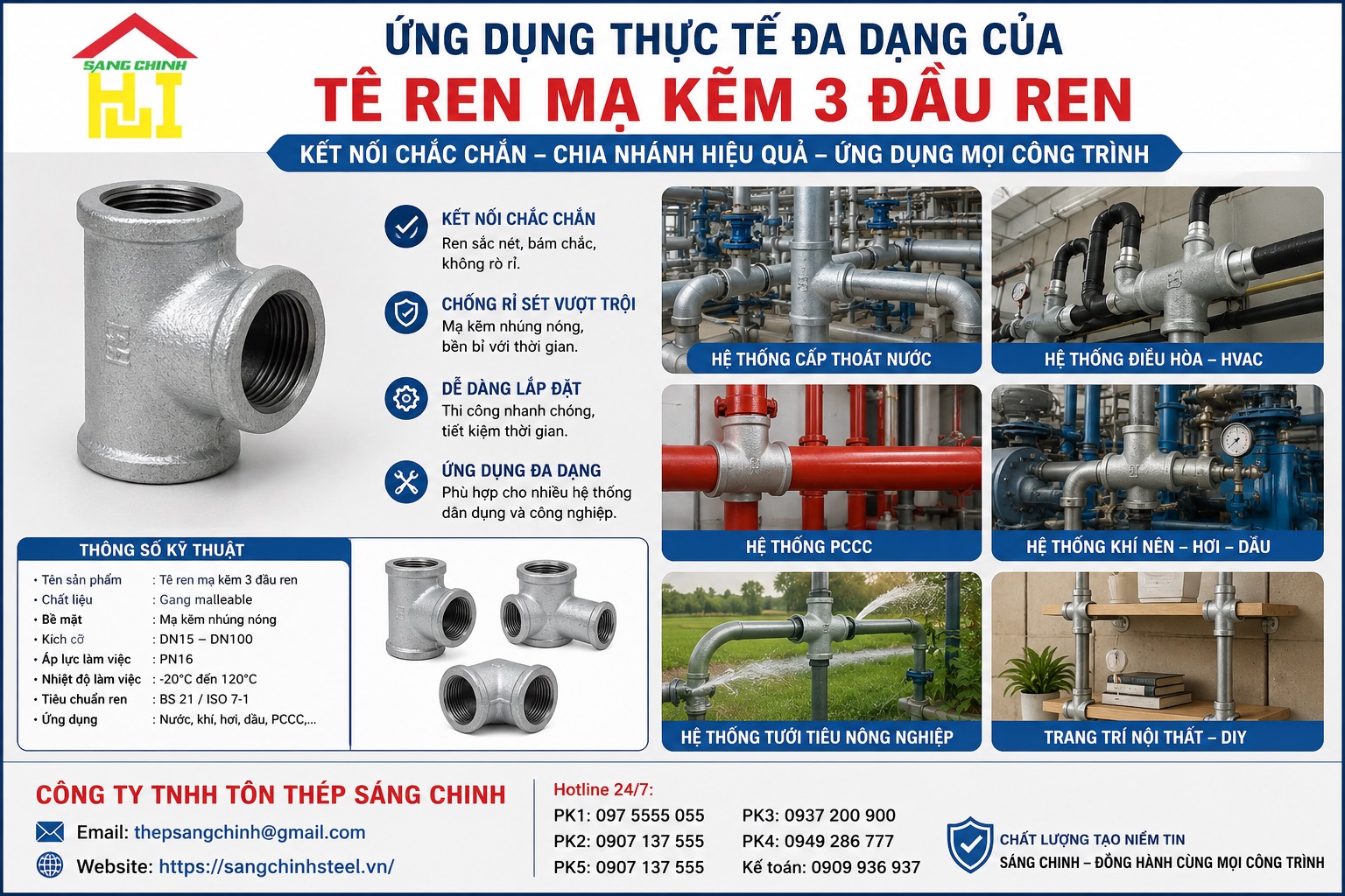 Tê Ren Mạ Kẽm (3 đầu ren DN15-DN100)